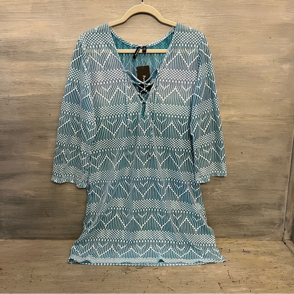 Porto Cruz Blue Ombré 3/4 Sleeve Lace Up Tunic Cover Up XL New with Tag‎